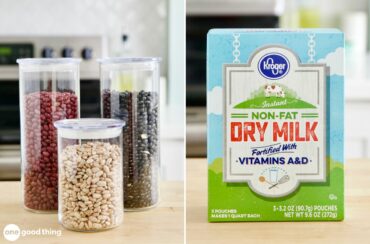 A side-by-side image of dried beans and dry milk on a countertop.