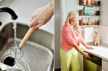 Two images: on the left, a dough whisk being washed by hand in the sink; and on the right, a woman starting the dishwasher.