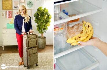 A woman stands with a suitcase in a meticulously decorated room. Next to her, a hand reaches for bananas in an open refrigerator, ensuring everything is clean before you travel.