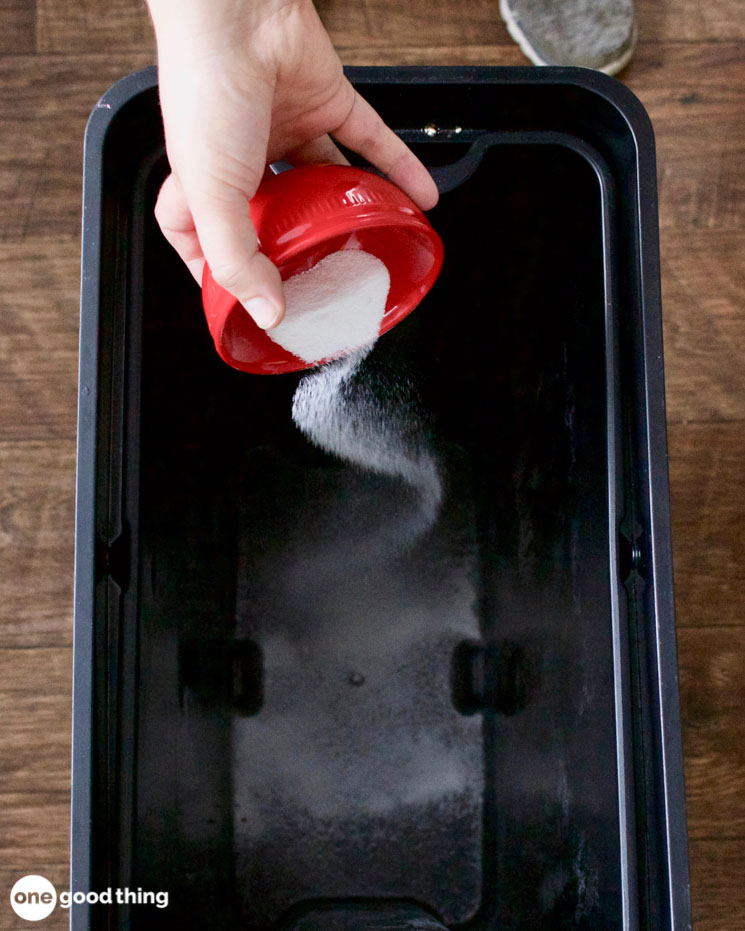 Use borax and water to deodorize a trash can. Just soak for an hour then rinse clean.