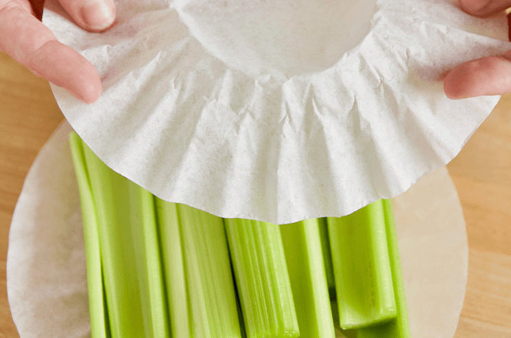 Storing celery between coffee filters helps keep it fresh.