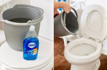 collage showing how to unclog a toilet with hot water and dawn dish soap