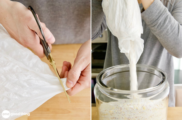 To put your Homemade Laundry Detergent into containers, just snip a corner of the trash bag and pour the detergent powder out.