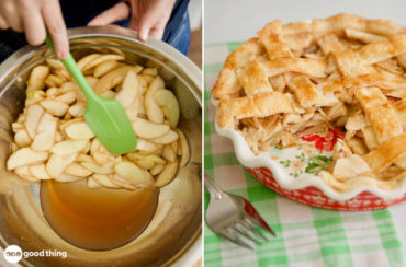 Draining the liquid off apple pie filling, a finished apple pie with lattice top.