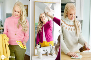 collage of three images of a woman cleaning up around her house