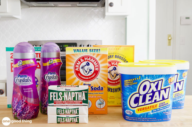 To make powdered Homemade Laundry Detergent you'll need Fels-naptha soap, crystal fabric softener, borax, washing soda, baking soda, and Oxi-Clean.