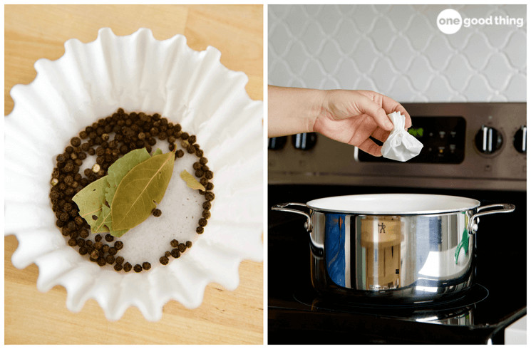 Make a bouquet garni with a coffee filter to flavor your soups and sauces.