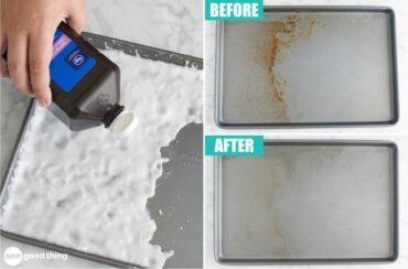 Baking soda and hydrogen peroxide make a powerful cleaner that can remove brown stains from sheet pans.