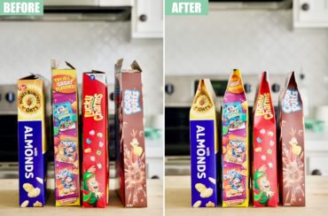 before and after of cereal box hack - four boxes unfolded, four boxes with tops folded to keep contents fresh