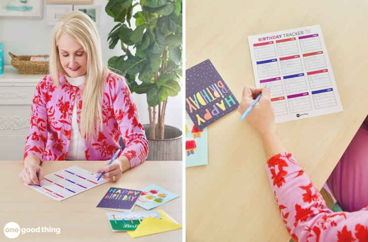A side-by-side image of a lady who is tracking birthday with a birthday calendar tracker.