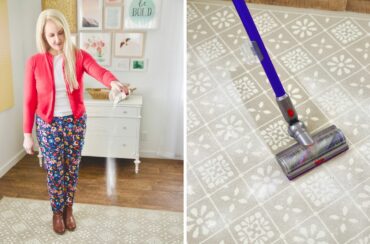 blond woman pouring powder on a rug/vacuum taking powder off rug