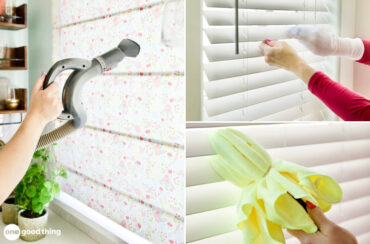 Using a vacuum cleaner, a sock, and tongs to clean different kinds of blinds.