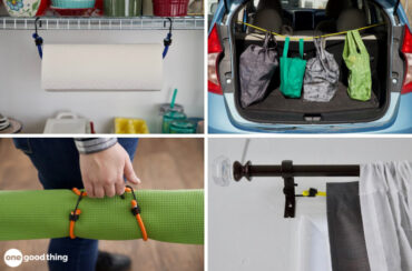 Uses for bungee cords include hanging up paper towel rolls, keeping shopping bags under control in the car, toting your yoga mat, and even adding curtains to a curtain rod with no hardware.