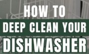 A hand pulls out the lower rack of a dishwasher with the text "How to Clean a Dishwasher" overlaid.