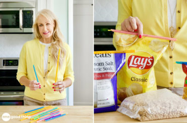 Sealing stick chip clips - collage: woman holding sealing sticks; putting a stick on a bag of chips