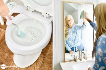 To clean your bathroom in 15 minutes, start with the toilet and let the cleaner work while you start wiping down the other surfaces.