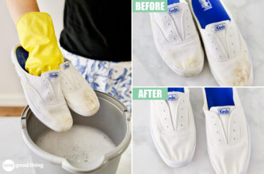 cleaning canvas shoes collage: rubber gloved hand holding white canvas shoes above a bucket of sudsy water; before and after pictures of white canvas shoes after cleaning