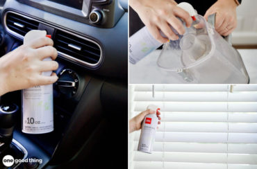 Smart Ways To Clean With Compressed Air - collage: using compressed air on ac vent in a car; using compressed air to clean a vacuum cleaner dust bin; using compressed air on blinds