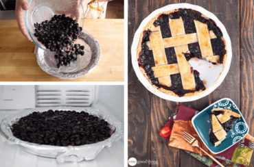 A collage of photos demonstrating the step-by-step process of making a delicious blueberry pie using frozen pie filling.