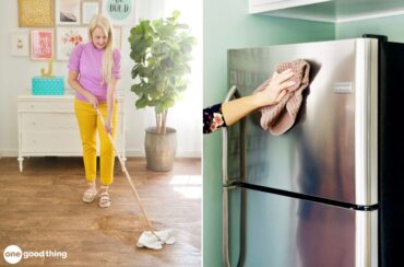 Using the 5 senses cleaning method, a person attentively mops a wooden floor as another carefully wipes down a stainless steel refrigerator.