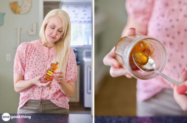 A side-by-side image of Jillee looking at a bottle of honey and checking it's consistency with a spoon.