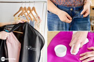 Laundry Tips from Dry Cleaners - collage: using fabric garment bag, zipping jeans before washing, treating a stain