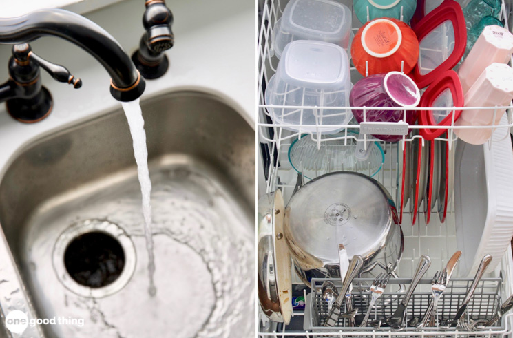 Before running the dishwasher, get the water hot and run the garbage disposal to clear out the drain.