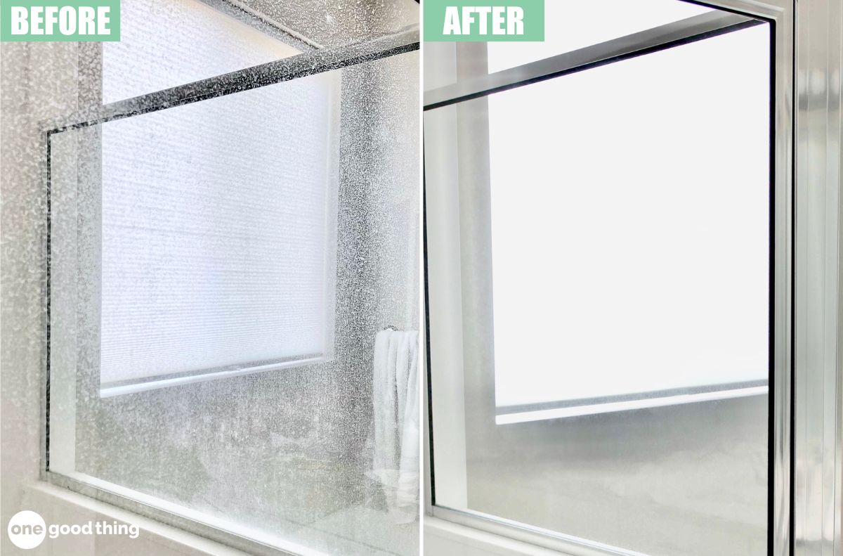 before and after photos of a glass shower door that has been cleaned with the best homemade shower cleaner