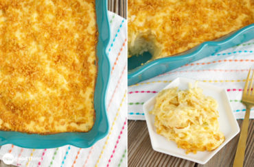 A side-by-side image of a dish with baked funeral potato and a piece of cheesy potato taken out from the dish into a white bowl with a fork on the side.