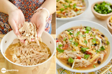 collage of two images showing a woman's hands putting shredded chicken into a pot of soup and a bowl of chicken tortilla soup on a table