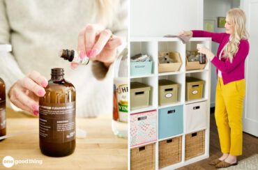 cleaning with essential oils - woman's hands putting essential oil into brown glass bottle/blond woman dusting a storage cabinet.