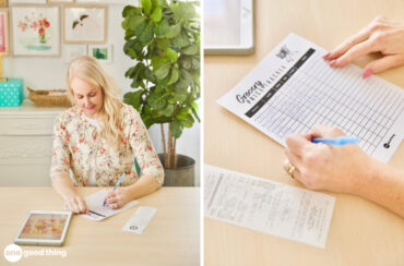 woman filling out a printable grocery price tracker at a desk