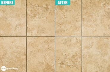 Zep grout cleaner - before and after photo of tan tiles with dirty grout, then clean grout