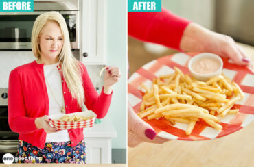 Two pictures of a woman savoring the taste of freshly made french fries.