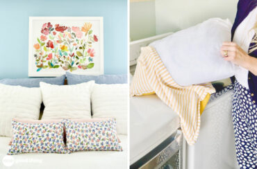 How To Wash Throw Pillows- bed with white bedding and two floral throw pillows; woman taking the cover off a throw pillow in the laundry room.