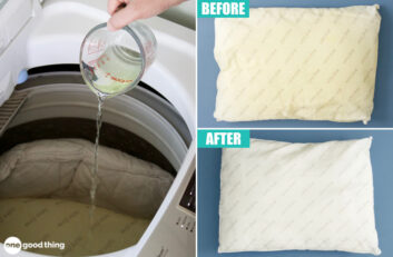 To whiten yellow pillows you need a combination of cleaning and bleaching ingredients, a washing machine, and hot water.