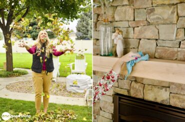 Two images side-by-side: (1) a person tossing autumn leaves into the air, and (2) a hand cleaning a mantel with a cloth