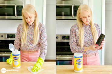 A person in a floral shirt wipes surfaces with clorox wipes, disinfecting the countertop while wearing cleaning gloves