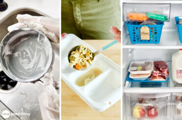 Would Your Kitchen Pass A Health Inspection? - collage: washing a pan, ladling soup into small trays; storing food in fridge