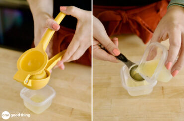 A hand-held juicer comes in handy for juicing just a lemon or two, and a medium lemon has about 3 tablespoons of juice.