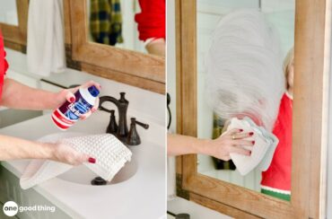 Using a clever shaving cream hack, the person dots the bathroom mirror with foam before wiping it clean, leaving a streak-free shine.