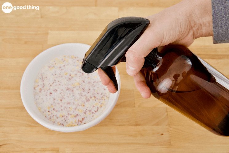 For Laundry Detergent Tabs, spray some vinegar into a bowl of homemade laundry detergent until you can squeeze it together and it stays in shape.