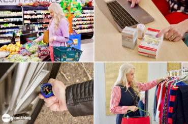 collage: woman shopping/woman checking prescription prices on a laptop/woman's hand checking tire pressure on car tire/woman going through clothing racks