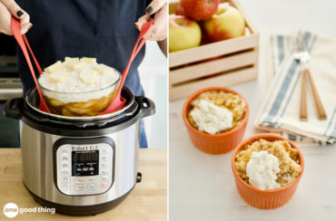 Two-panel image showing an Instant Pot being used to create an apple dump cake on the left, and finished servings with ice cream on the right.