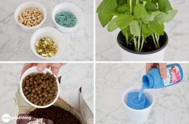 collage:yogurt containers filled with office supplies/seedlings in a plastic container/scooping dry dog food with a small plastic container/pouring liquid fabric softener onto a sponge in a plastic container