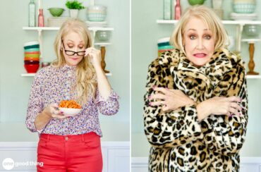 Old wives tales examples: Photos of a woman looking at a bowl of carrots and taking off her eyeglasses; woman in an animal print coat hugging herself and shivering