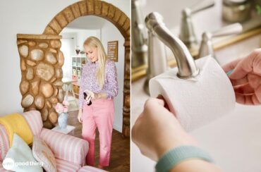 A person sprays a liquid onto a couch in a room with stone accents; another hand elegantly places a toilet paper roll on a faucet, inviting you to romanticize your cleaning routine.