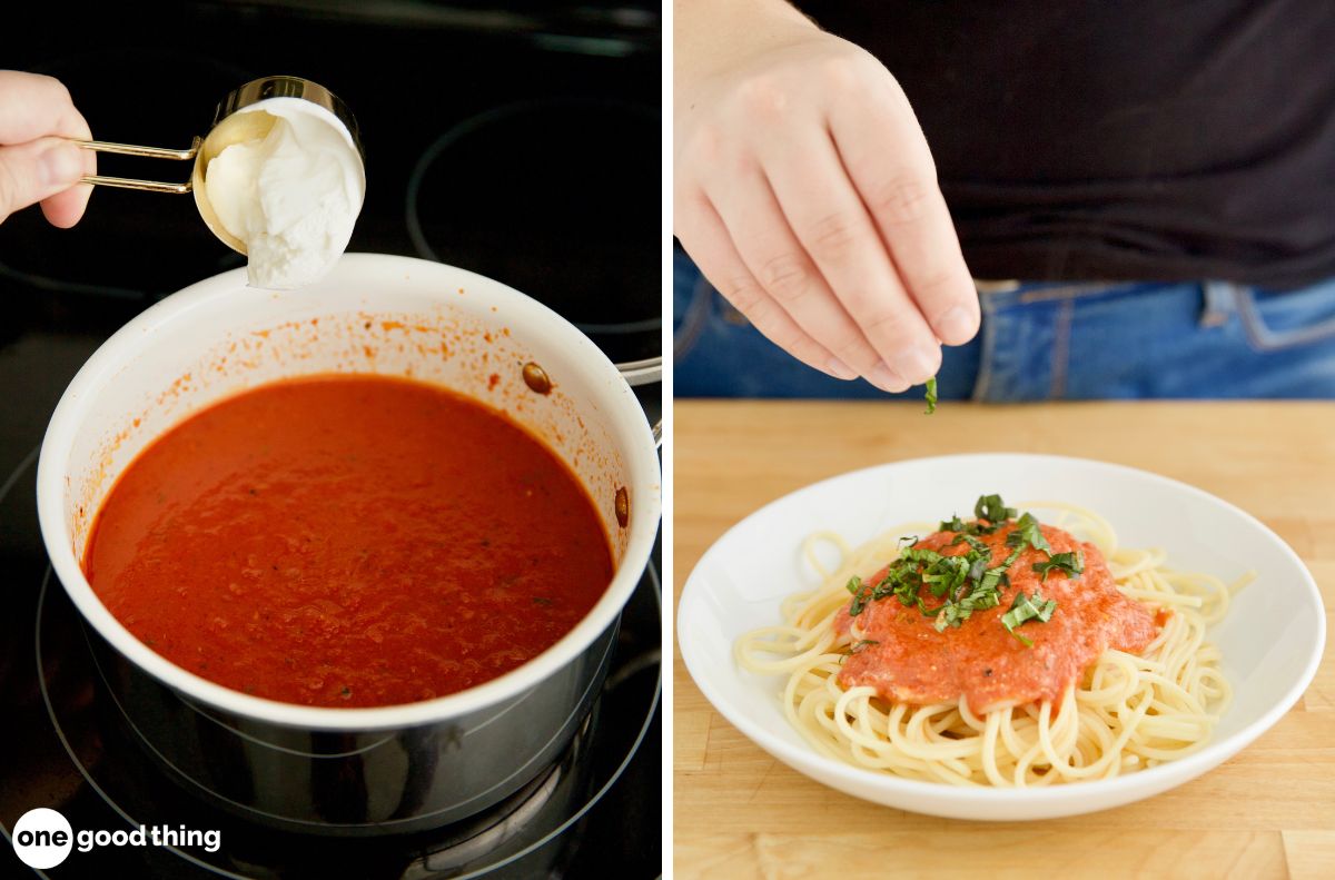 Photos of adding sour cream to pasta sauce and sprinkling chopped herbs on a plate of spaghetti.