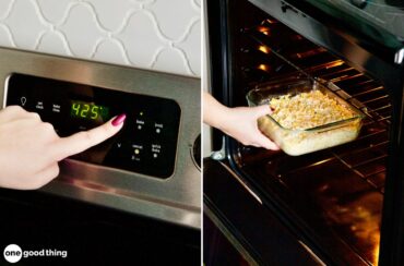 Photo of an oven preheated to 425°. Pyrex is safe to put in a preheated oven.