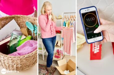 a basket full of household items, a woman looking at clothes in a closet, an iPhone